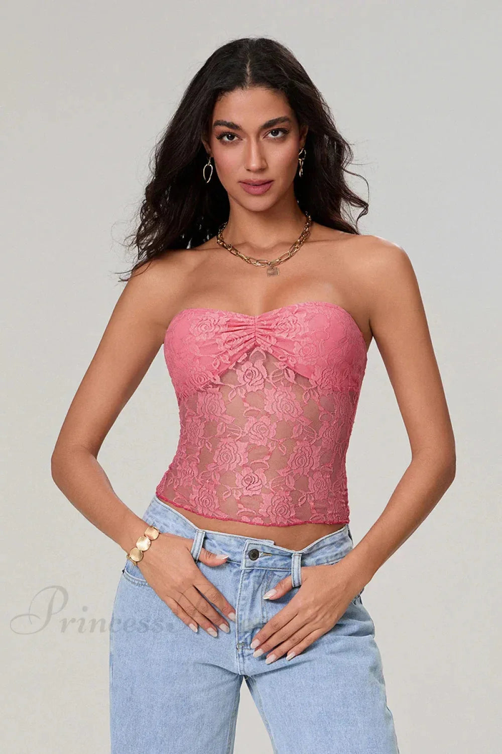 Sheer Lace Off-shoulder Strapless Low Cut Bandeau Top
