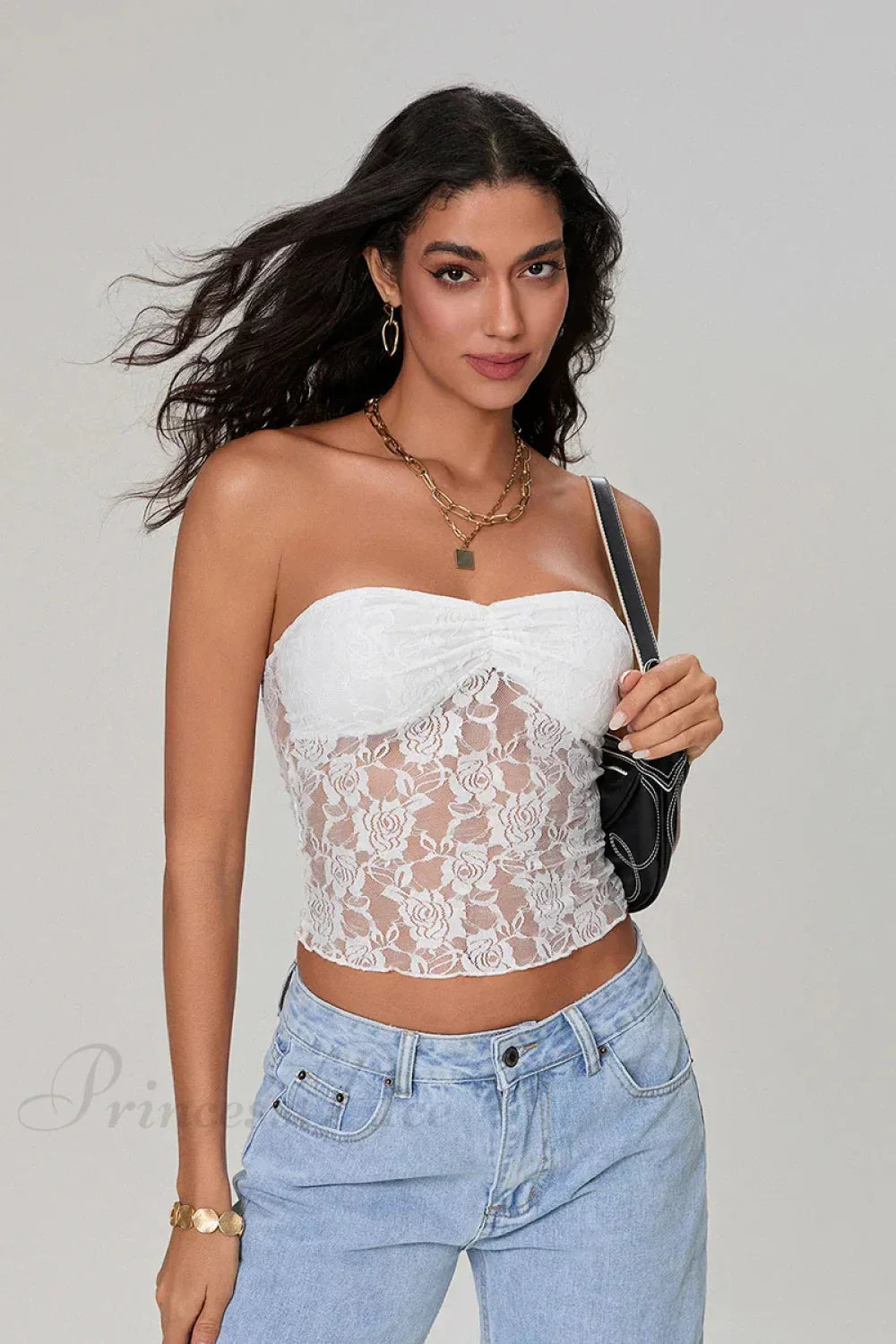 Sheer Lace Off-shoulder Strapless Low Cut Bandeau Top