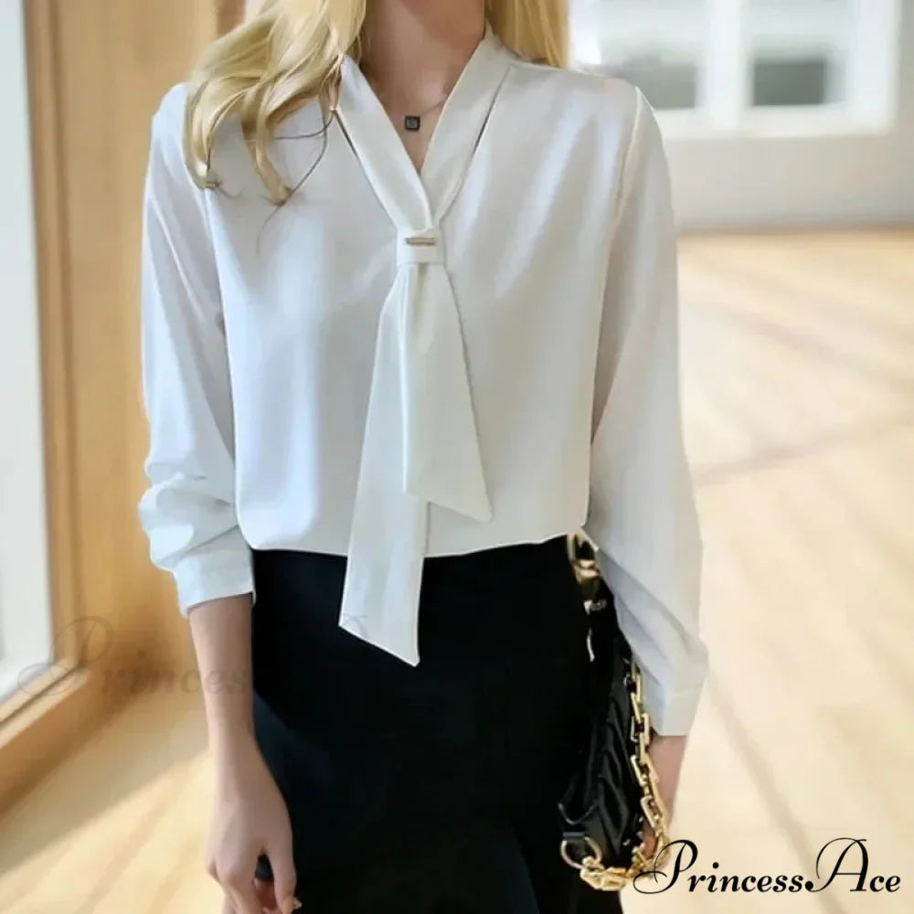 Sheer Plunging Neckline Bow Relaxed Full Sleeve Ivory Top