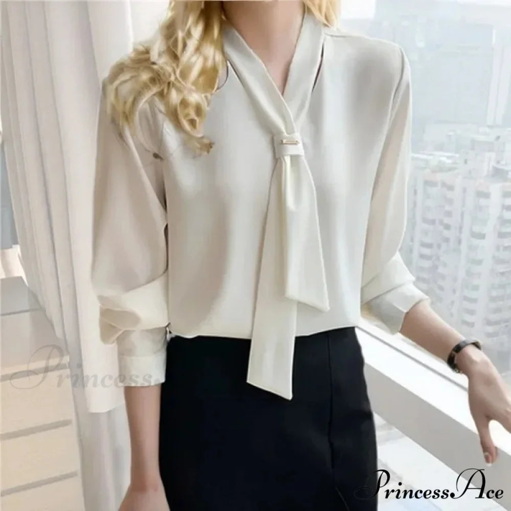 Sheer Plunging Neckline Bow Relaxed Full Sleeve Ivory Top