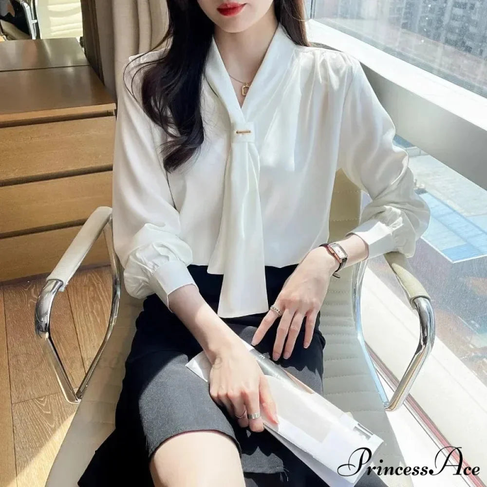 Sheer Plunging Neckline Bow Relaxed Full Sleeve Ivory Top