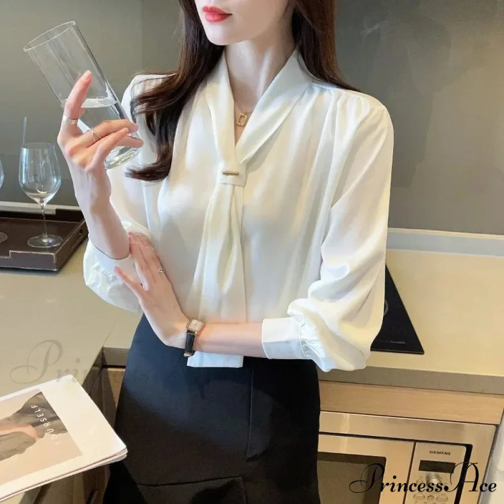 Sheer Plunging Neckline Bow Relaxed Full Sleeve Ivory Top