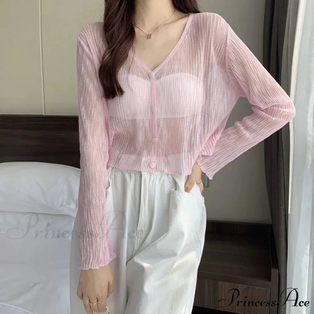 Sheer Silk Transparent Slim Pink Knitted Cardigan