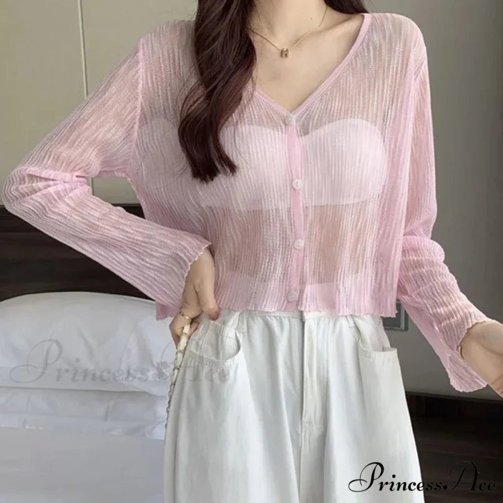 Sheer Silk Transparent Slim Pink Knitted Cardigan