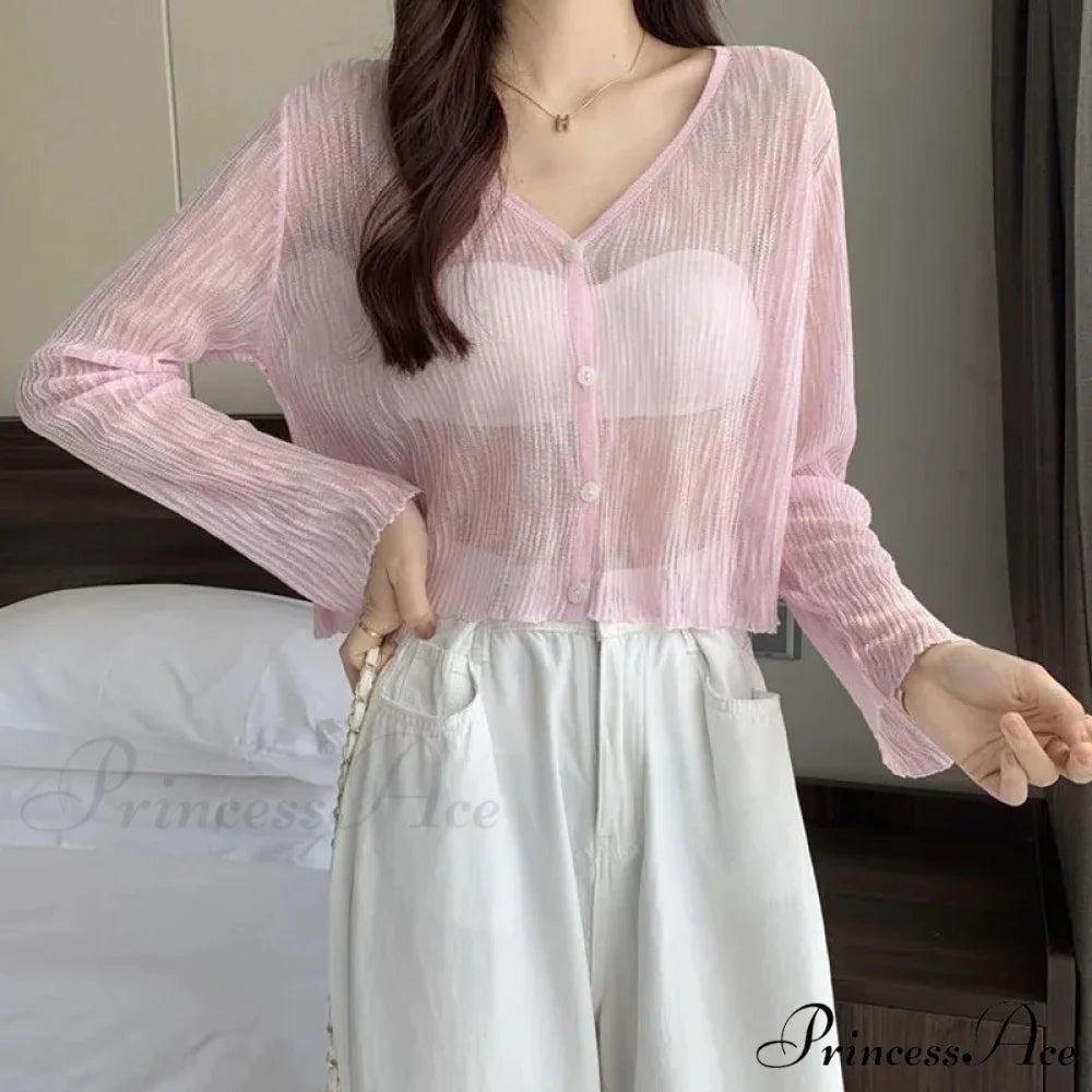 Sheer Silk Transparent Slim Pink Knitted Cardigan