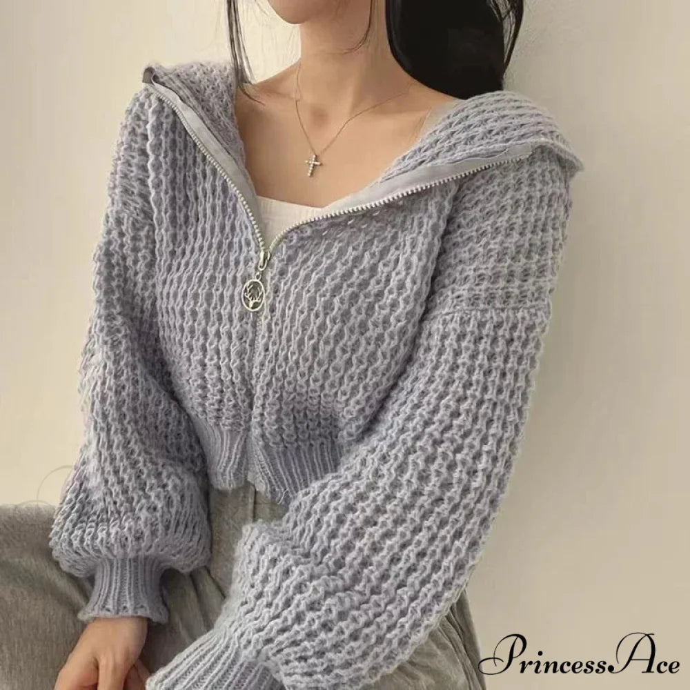 Short Hooded Perforated Knit Cardigan
