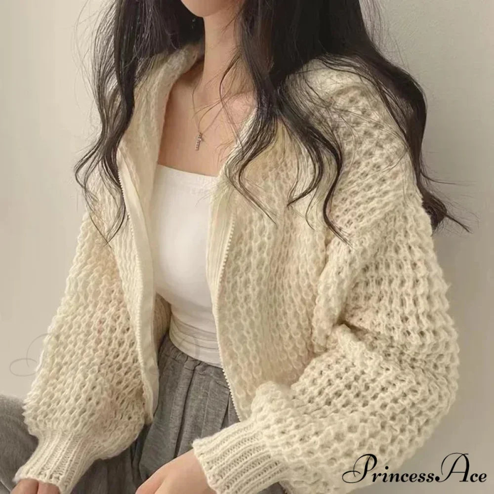 Short Hooded Perforated Knit Cardigan