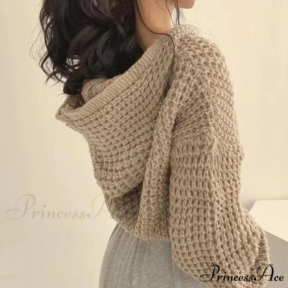 Short Hooded Perforated Knit Cardigan