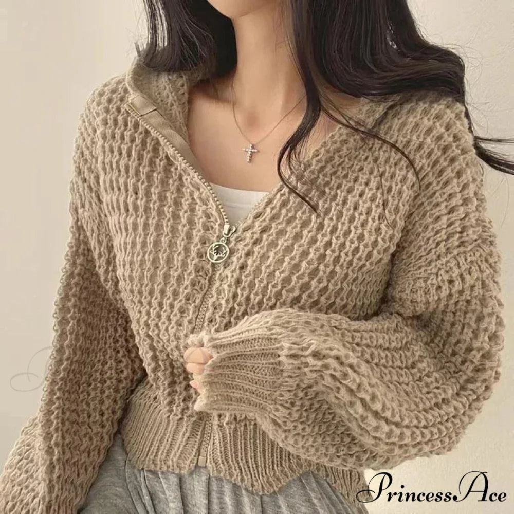 Short Hooded Perforated Knit Cardigan