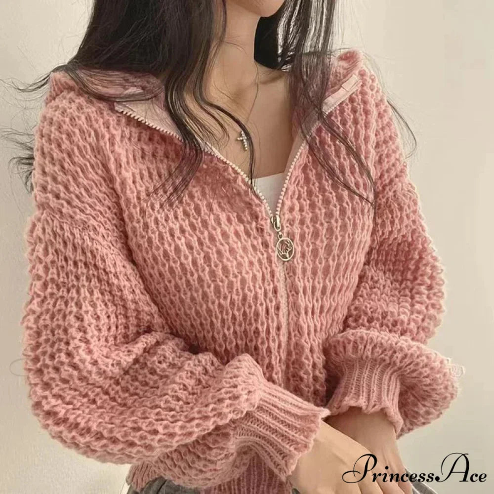 Short Hooded Perforated Knit Cardigan