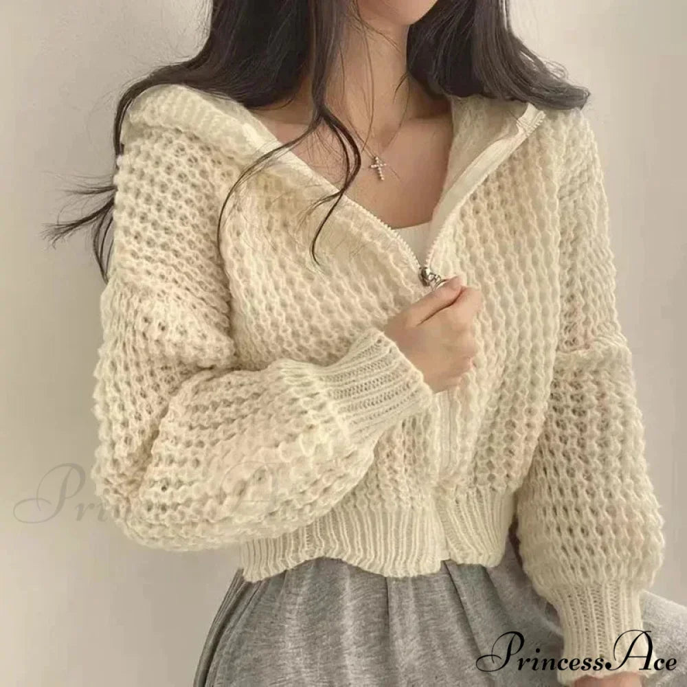 Short Hooded Perforated Knit Cardigan