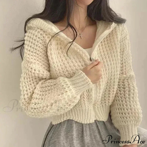 Short Hooded Perforated Knit Cardigan