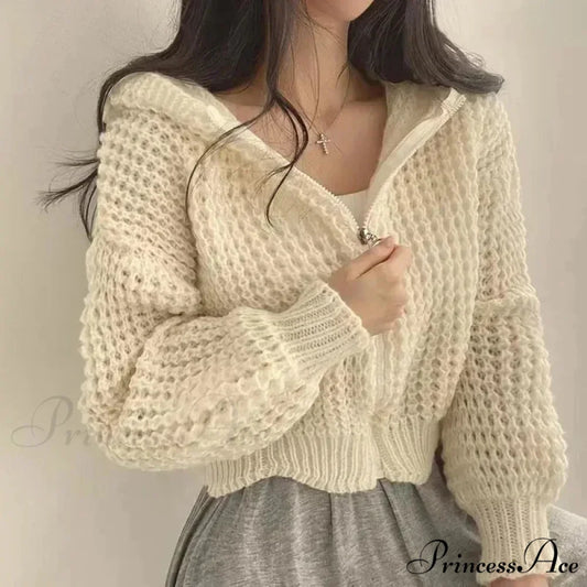 Short Hooded Perforated Knit Cardigan