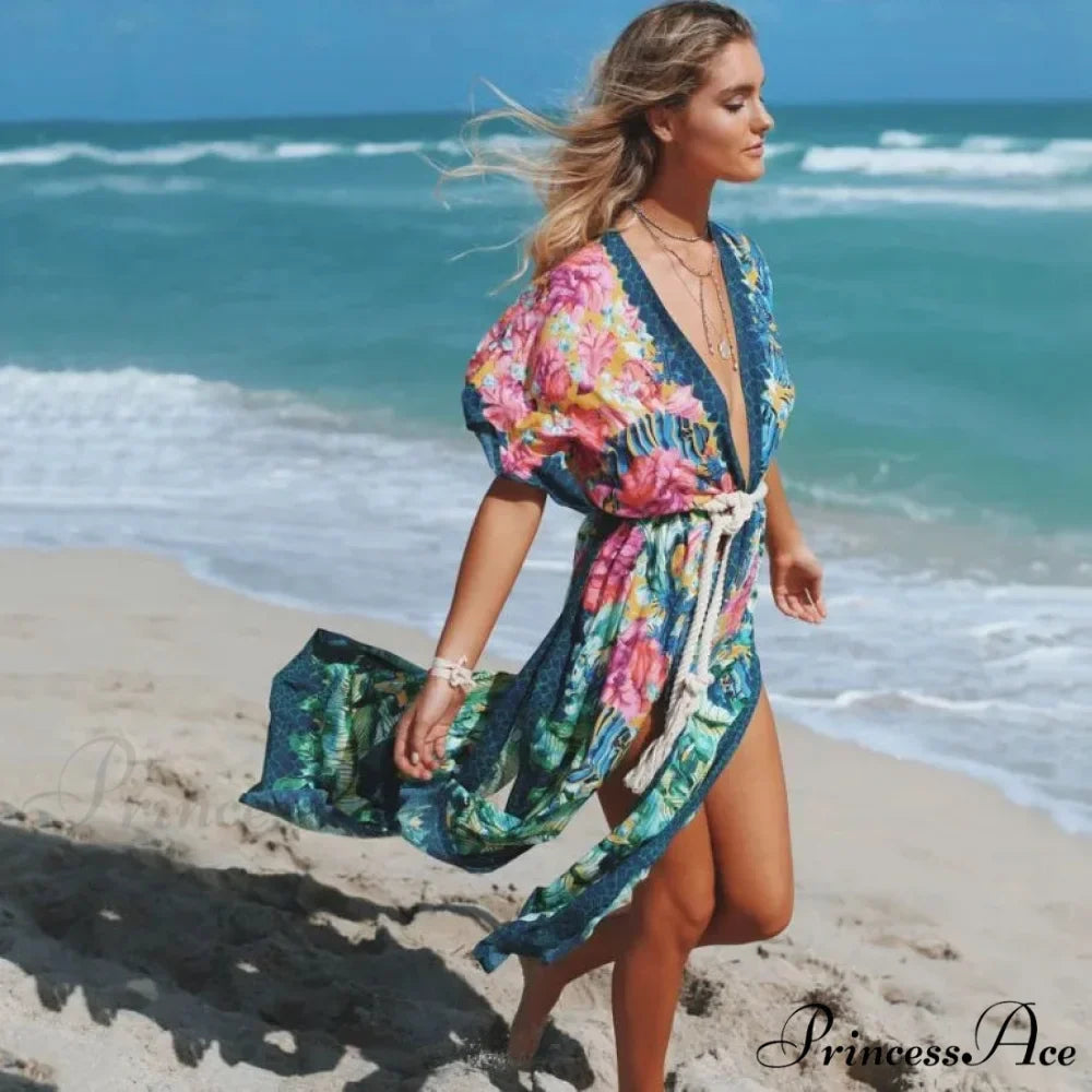 Side Division Kaftan Flower Pattern Bohemian Cover up