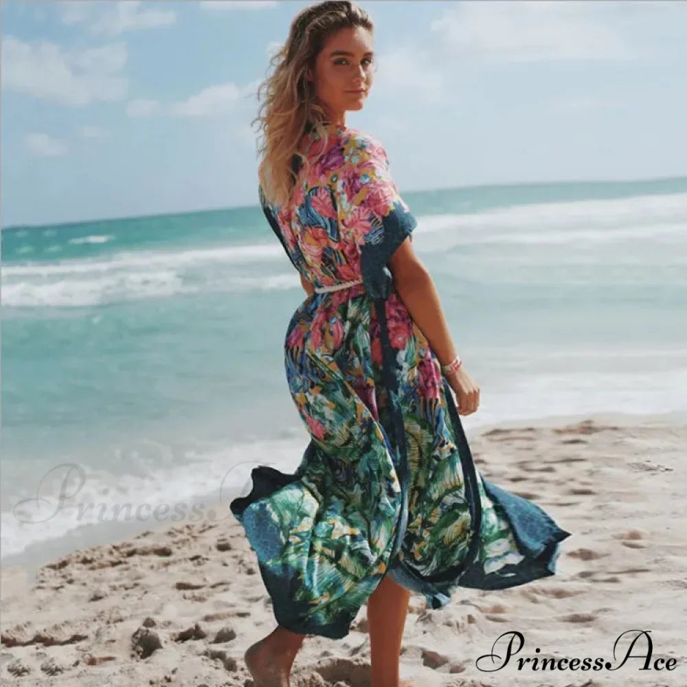 Side Division Kaftan Flower Pattern Bohemian Cover up