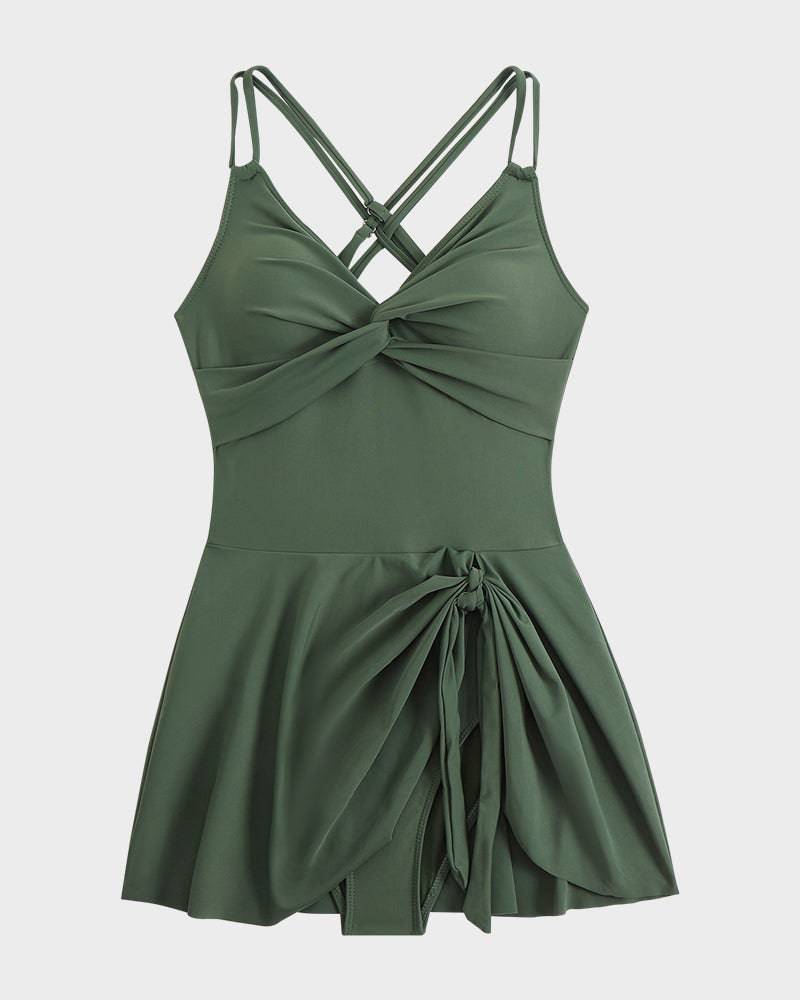 Twist Front Knot Hem Skirted One Piece Swimsuit