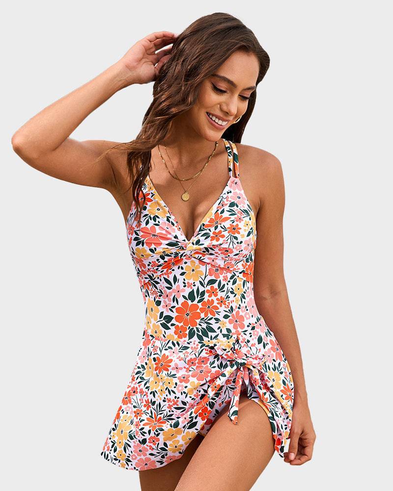 Twist Front Knot Hem Skirted One Piece Swimsuit