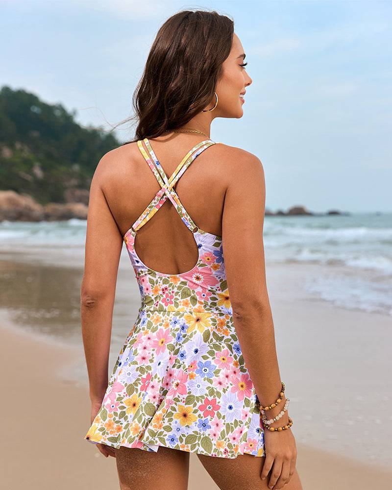 Twist Front Knot Hem Skirted One Piece Swimsuit