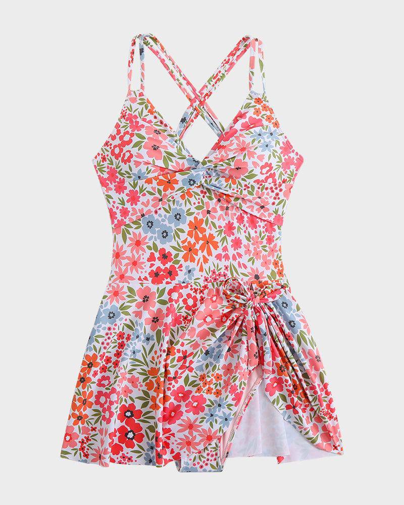 Twist Front Knot Hem Skirted One Piece Swimsuit