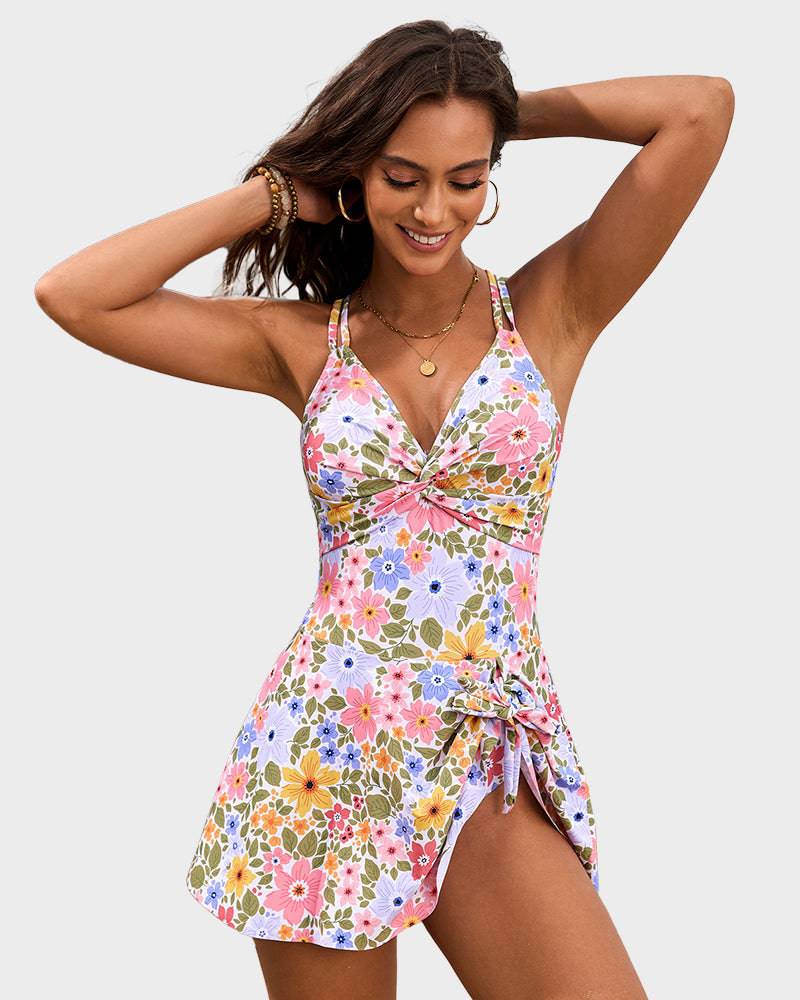 Twist Front Knot Hem Skirted One Piece Swimsuit