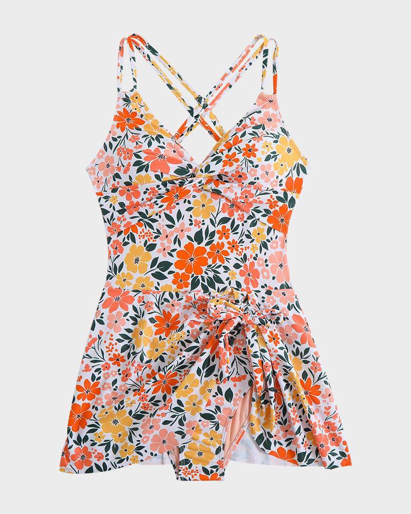 Twist Front Knot Hem Skirted One Piece Swimsuit