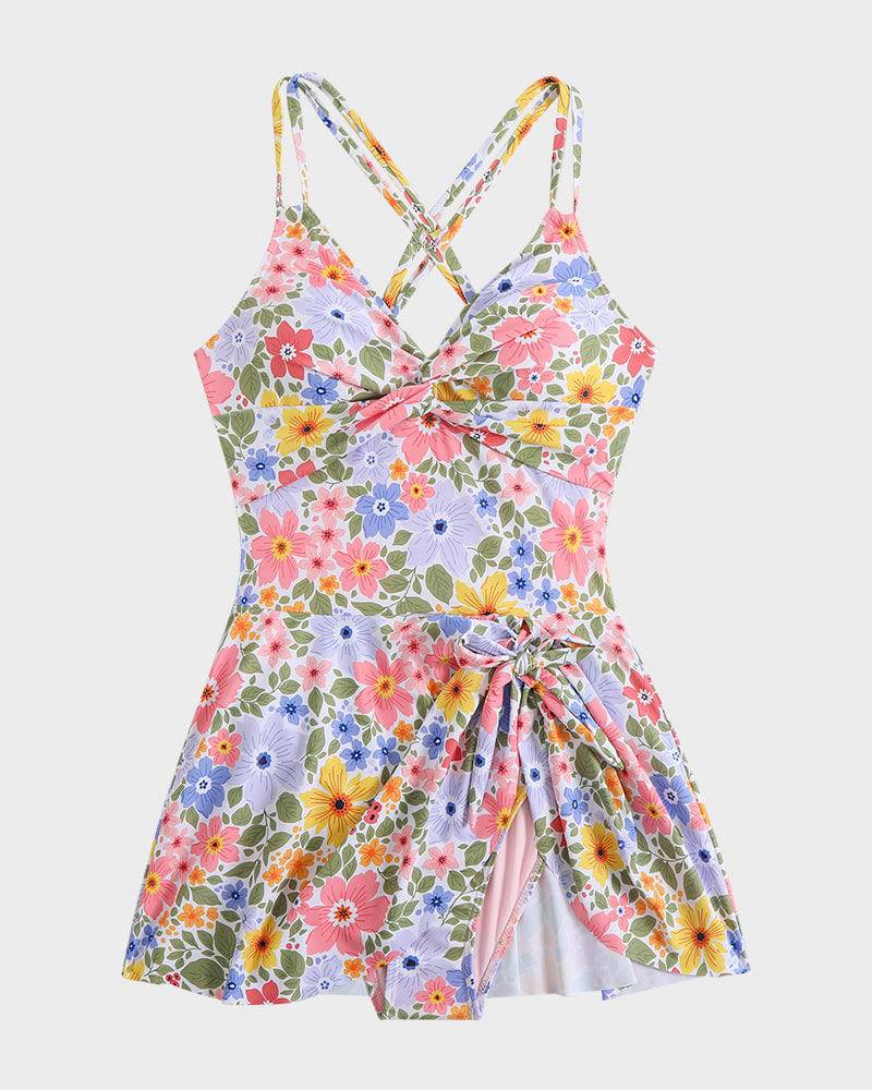 Twist Front Knot Hem Skirted One Piece Swimsuit