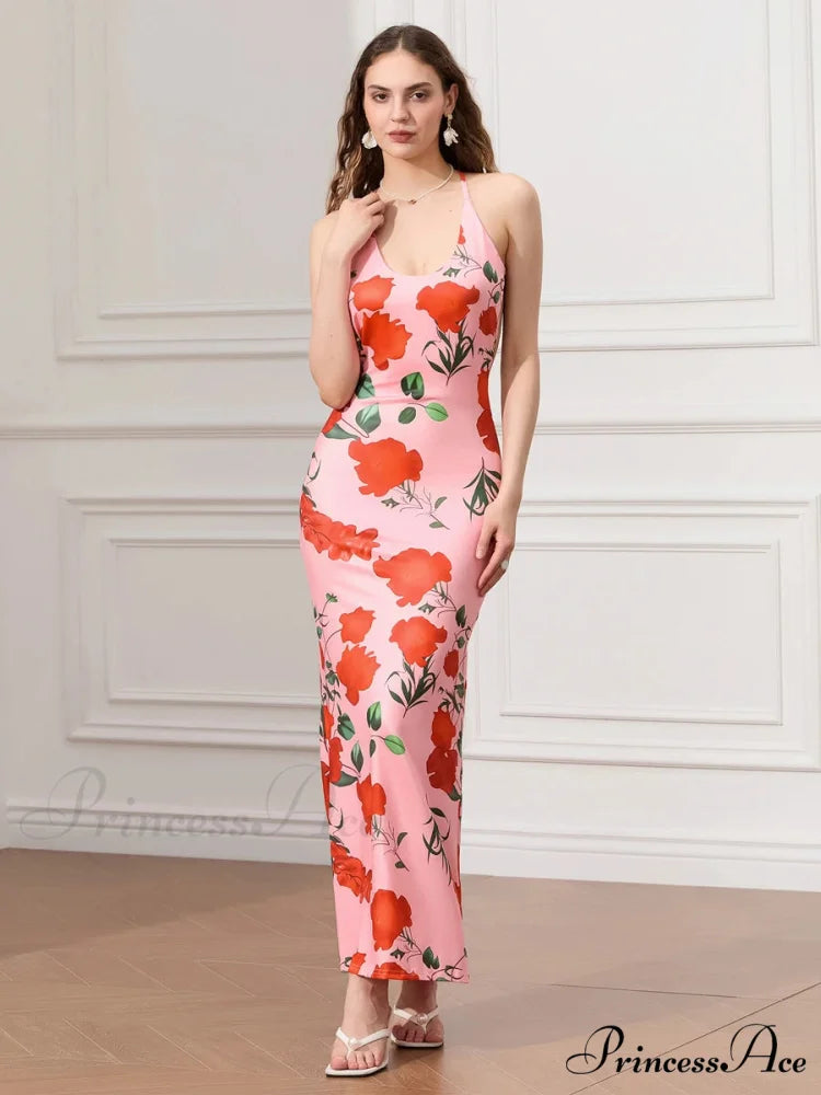 Sleeveless Celebration Spaghetti Strap U-neck Bodycon Evening Floral Dress