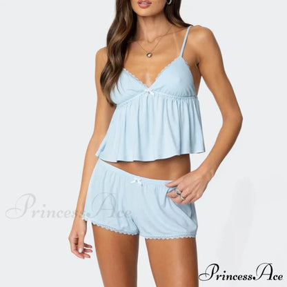 Sleeveless Deep Neck Cami Babydoll Crop Top Lace Trim Shorts Two Pieces Set