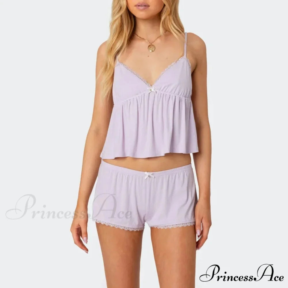Sleeveless Deep Neck Cami Babydoll Crop Top Lace Trim Shorts Two Pieces Set