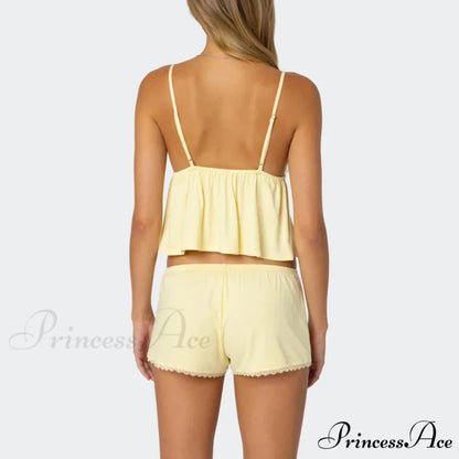 Sleeveless Deep Neck Cami Babydoll Crop Top Lace Trim Shorts Two Pieces Set