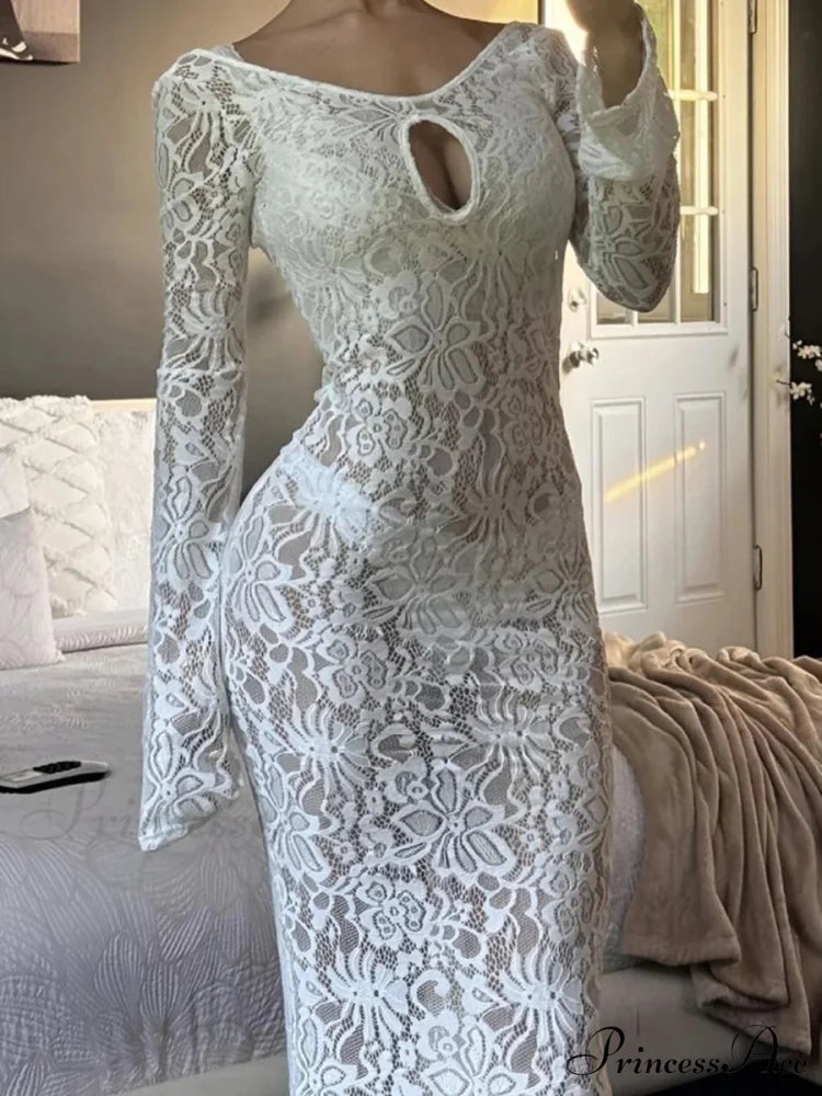 Sleeveless Ivory Lace Transparent Floral Dress