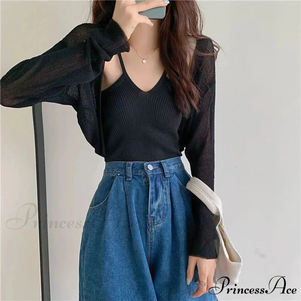 Slim Extended Sleeve Sunblock Cropped Solid Knit Cardigan