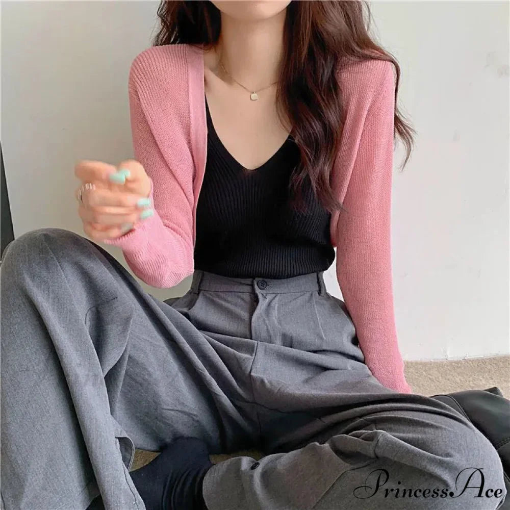 Slim Extended Sleeve Sunblock Cropped Solid Knit Cardigan