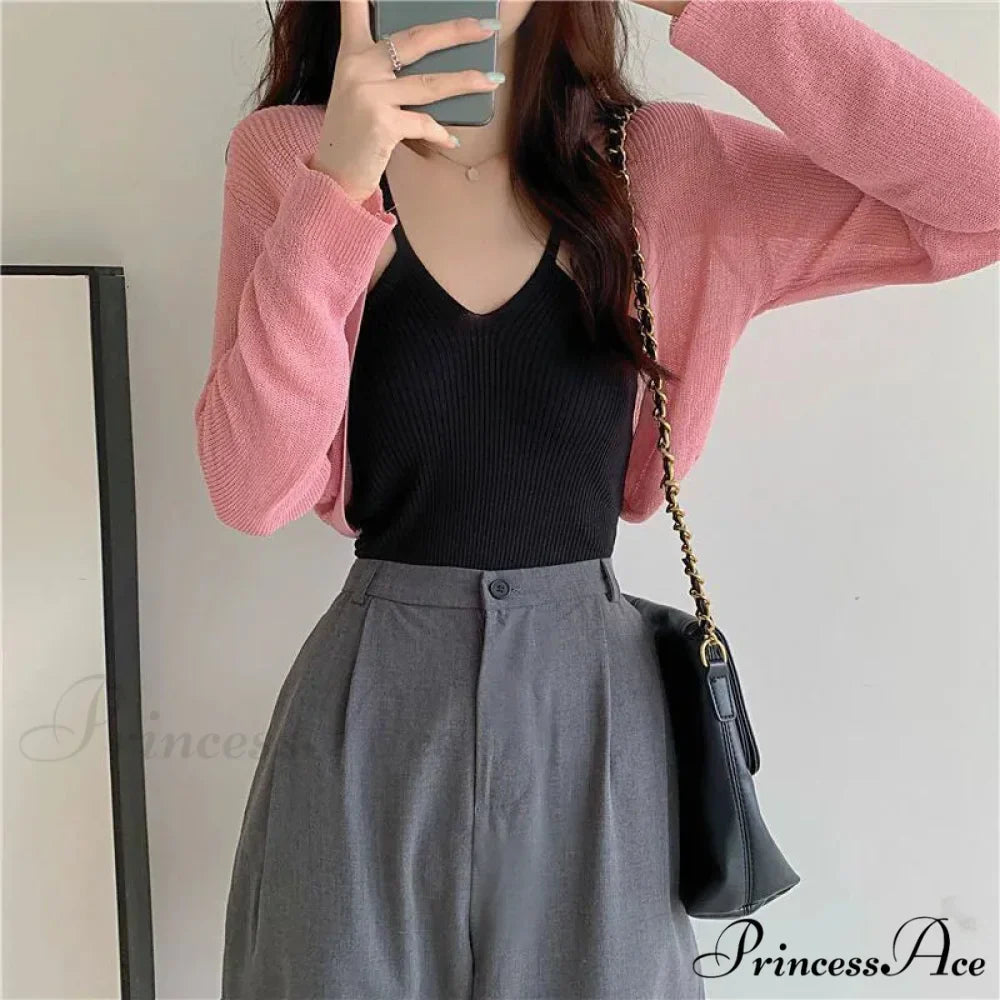 Slim Extended Sleeve Sunblock Cropped Solid Knit Cardigan