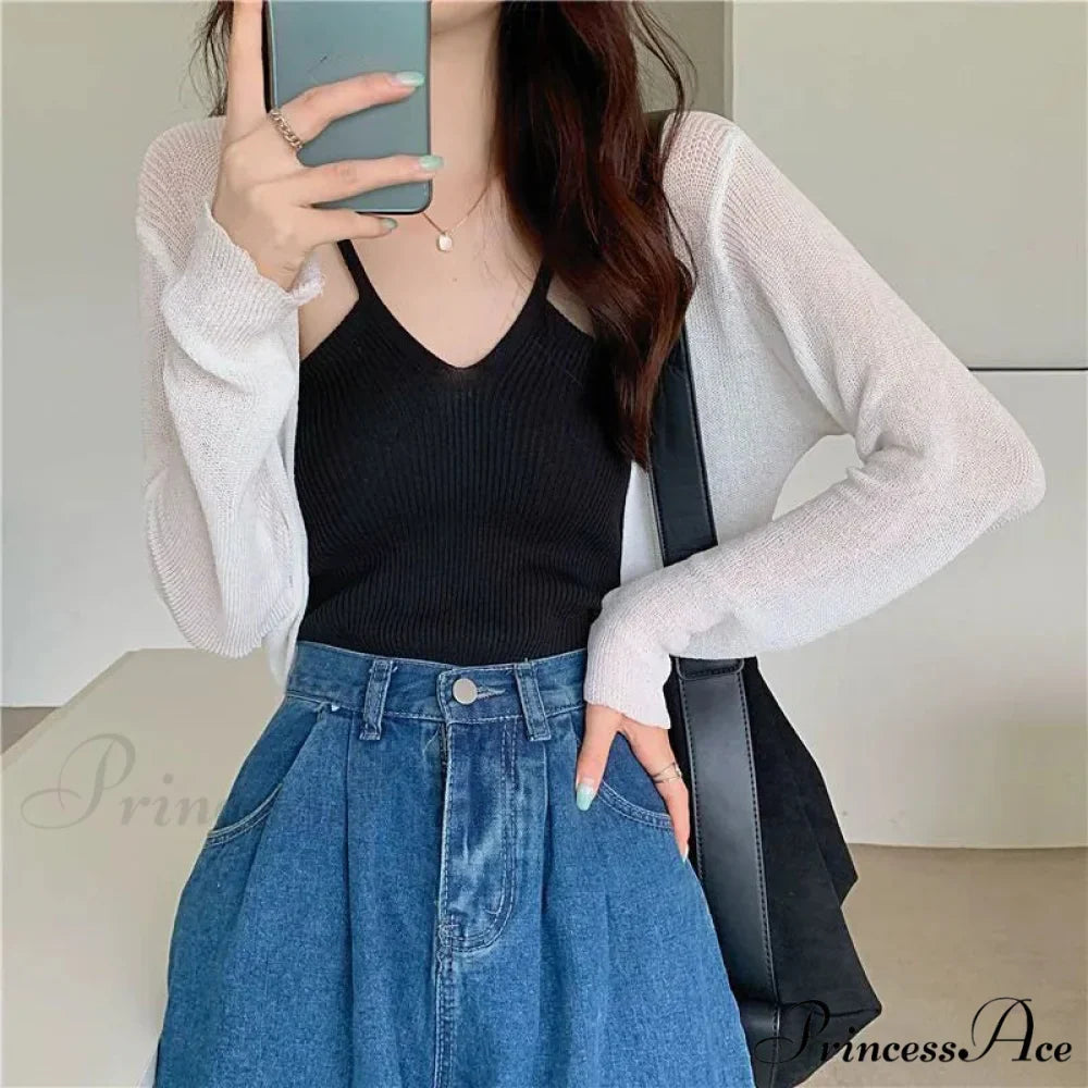 Slim Extended Sleeve Sunblock Cropped Solid Knit Cardigan