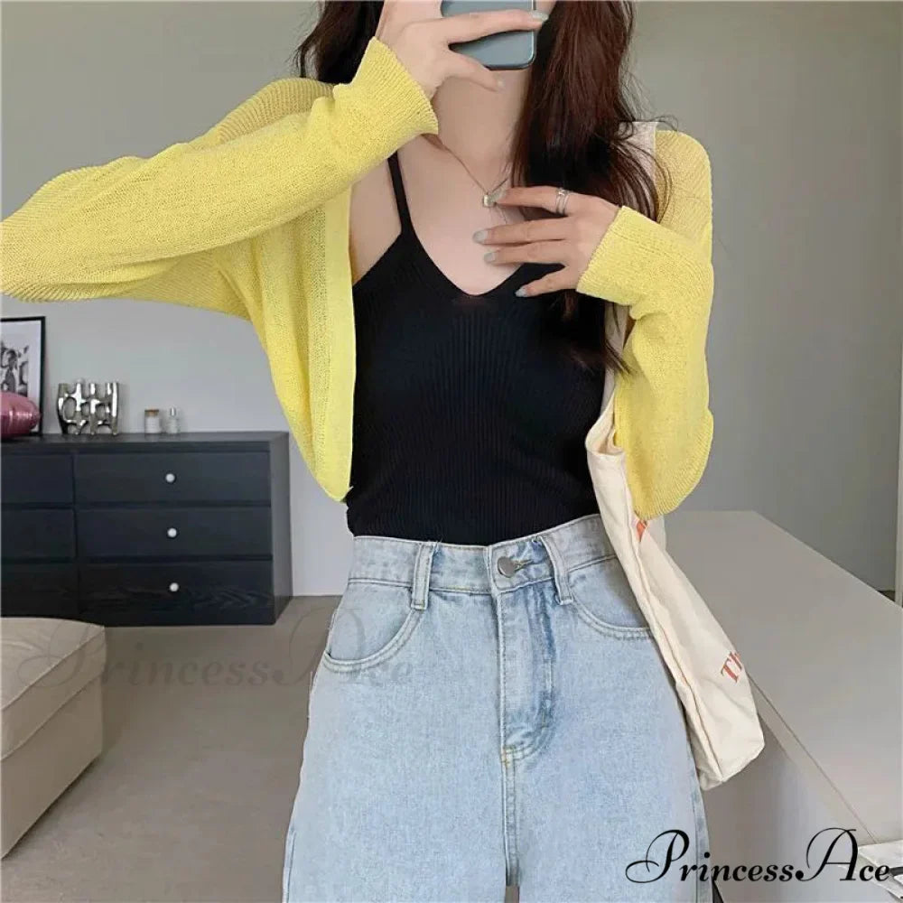 Slim Extended Sleeve Sunblock Cropped Solid Knit Cardigan
