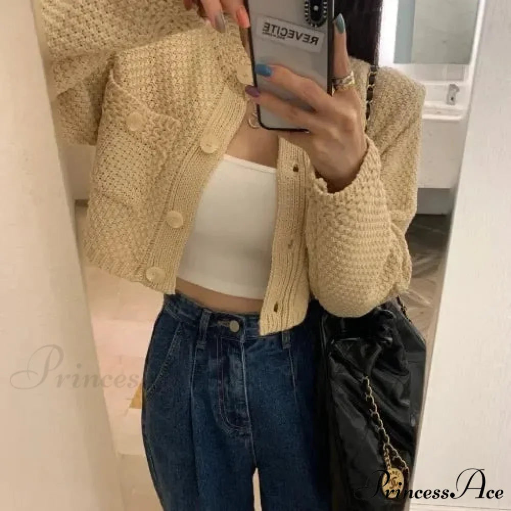 Small Cropped Solid O-Neck Knit Cardigan