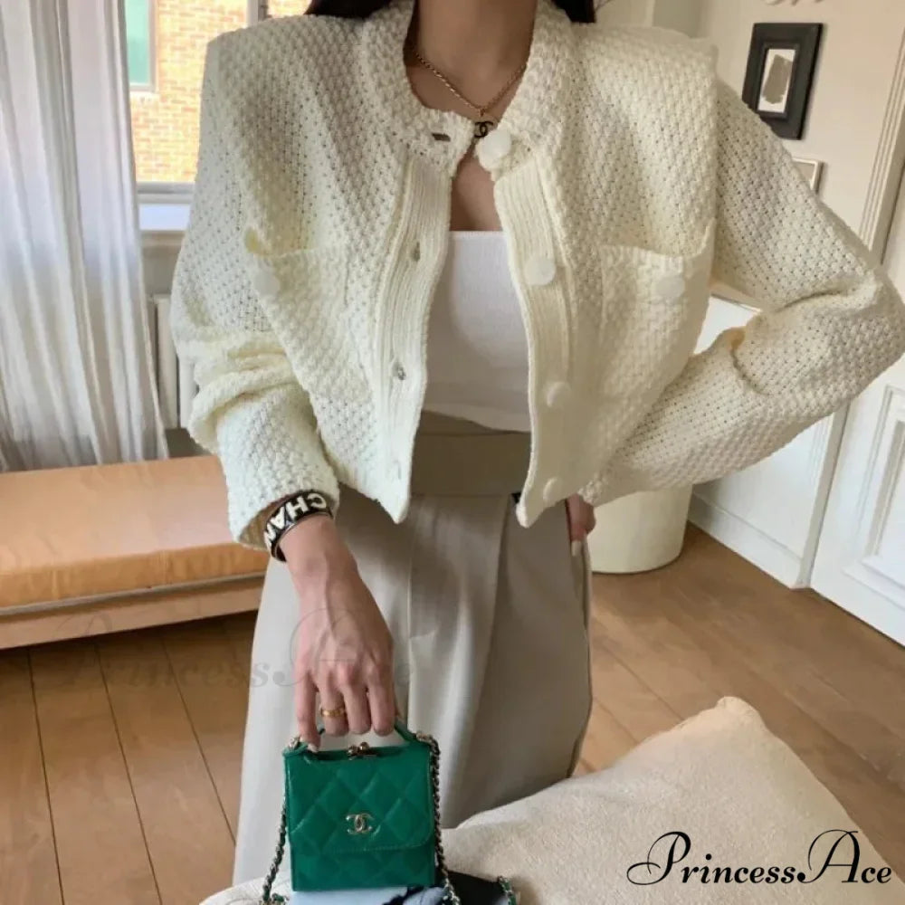 Small Cropped Solid O-Neck Knit Cardigan
