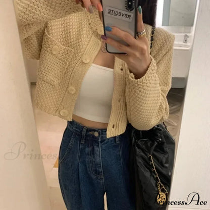 Small Cropped Solid O-Neck Knit Cardigan