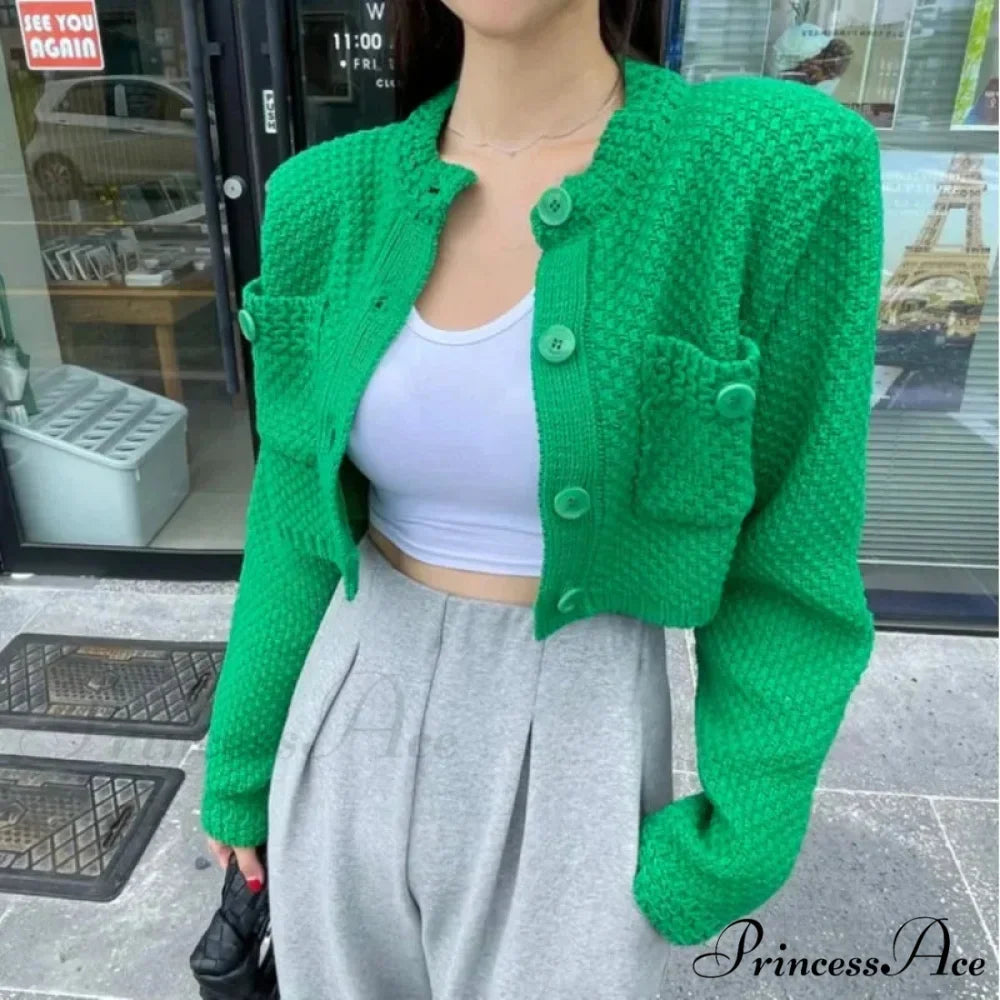 Small Cropped Solid O-Neck Knit Cardigan