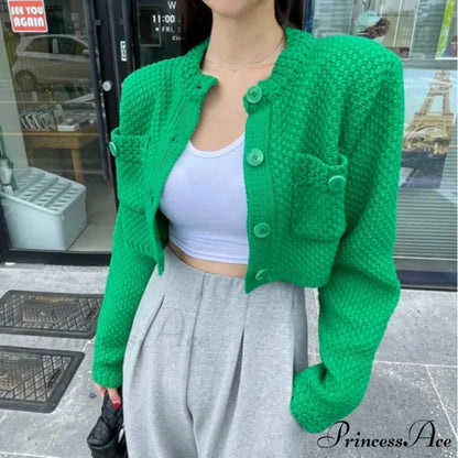 Small Cropped Solid O-Neck Knit Cardigan