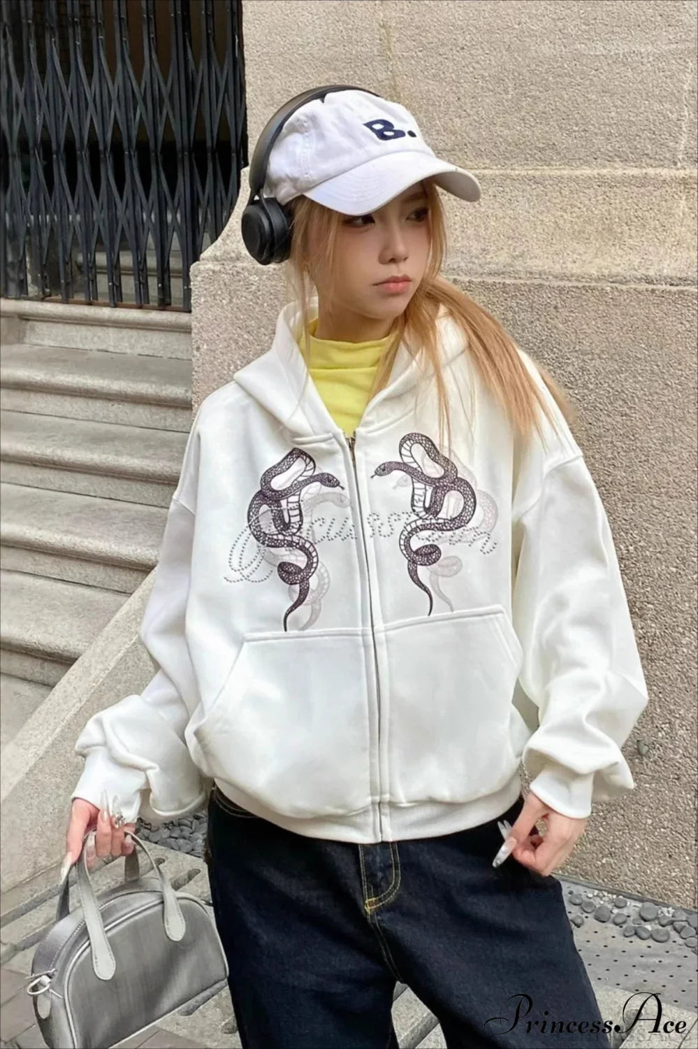 Woman wearing Snake-Print Rhinestone Crop Hoodie from Hicosy — view 5