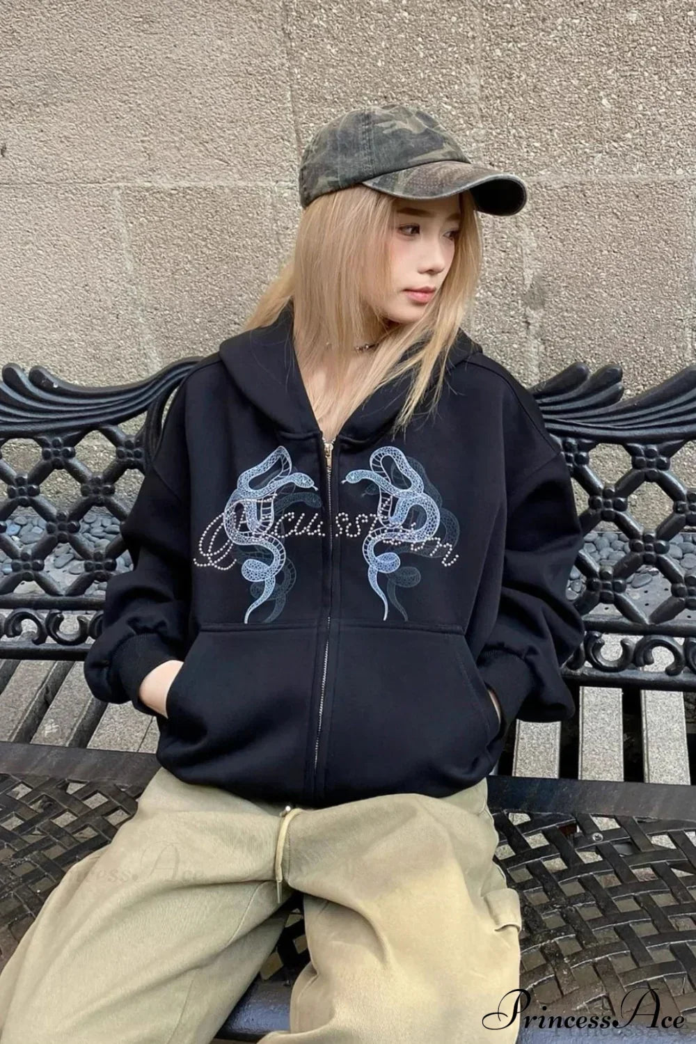 Woman wearing Snake-Print Rhinestone Crop Hoodie from Hicosy — view 2
