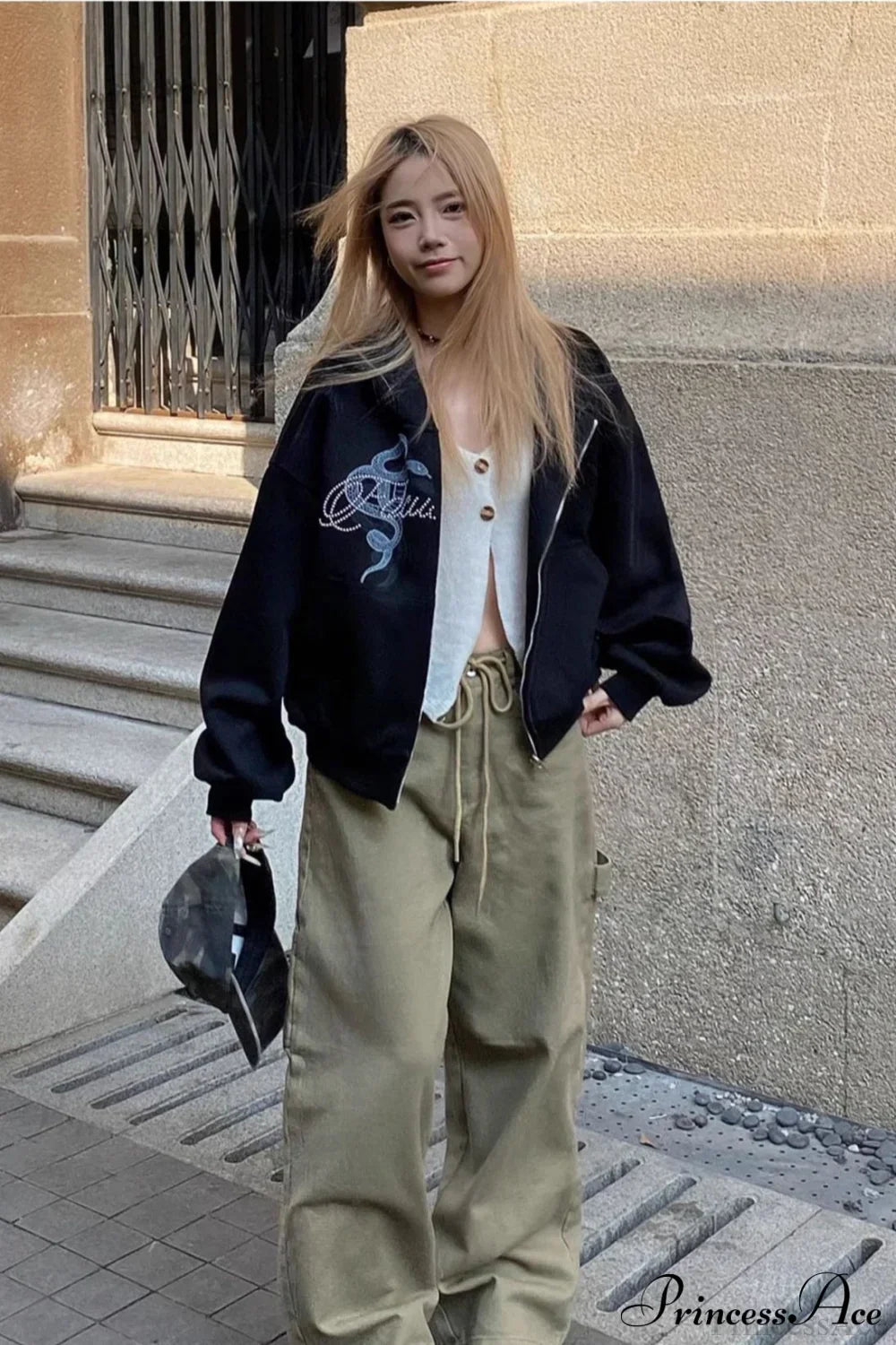 Woman wearing Snake-Print Rhinestone Crop Hoodie from Hicosy — view 3