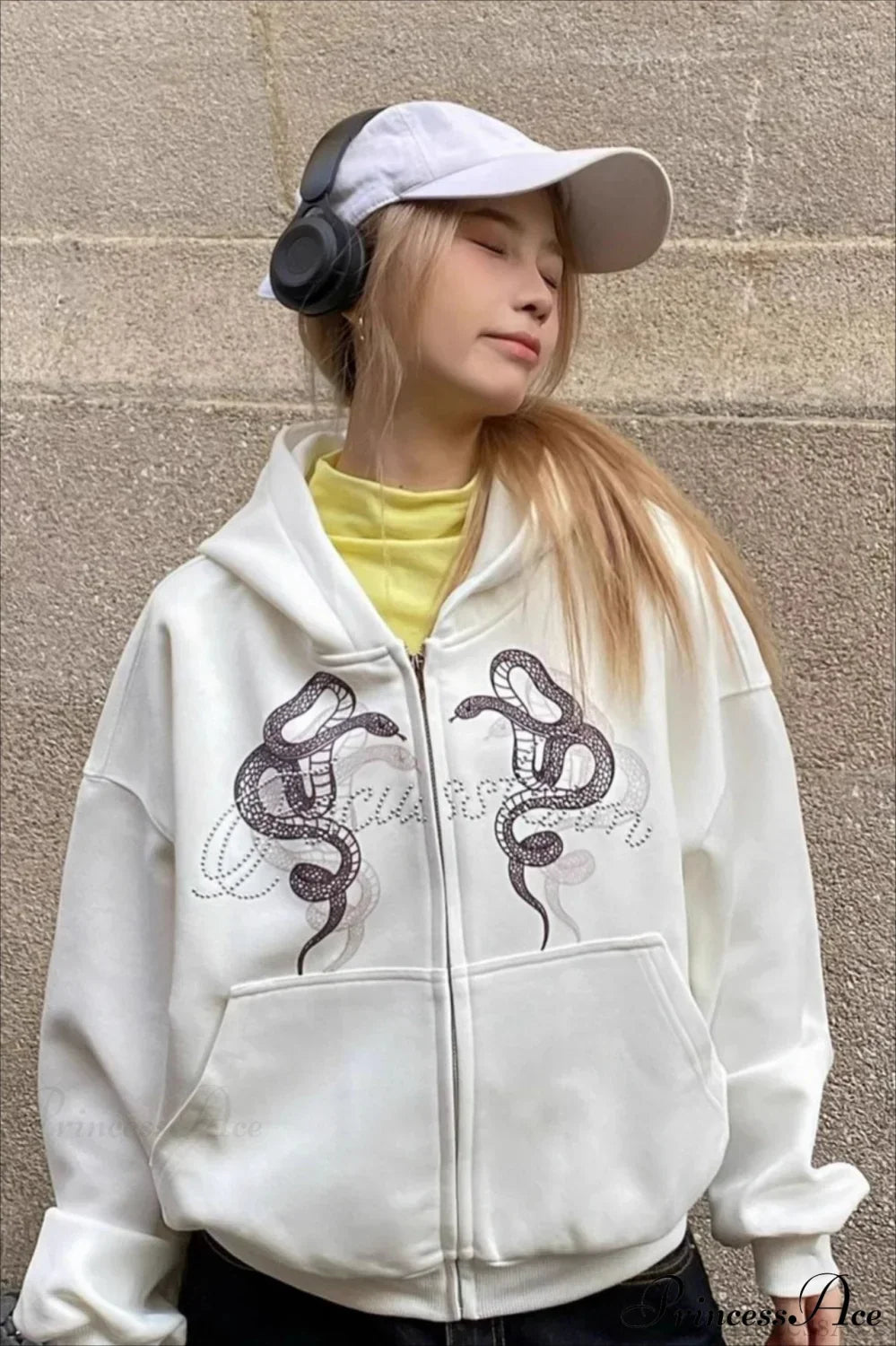Woman wearing Snake-Print Rhinestone Crop Hoodie from Hicosy — view 4