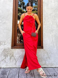 Soft Linen Separated 3D Blossom Plain Sling Maxi Dress