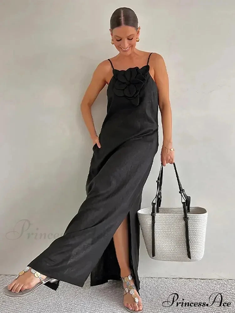 Soft Linen Separated 3D Blossom Plain Sling Maxi Dress