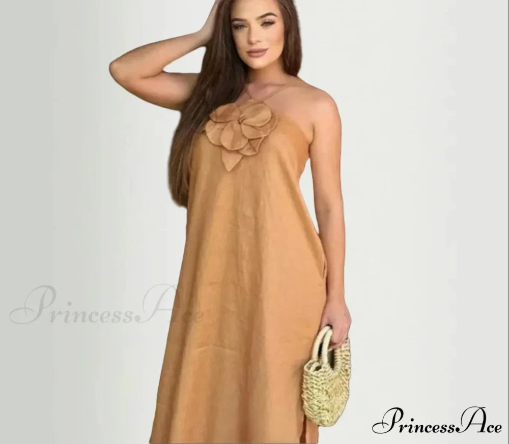 Soft Linen Separated 3D Blossom Plain Sling Maxi Dress