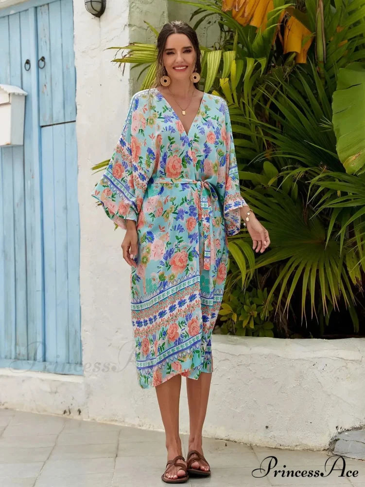Soft Rayon Floral Patterned Long Sleeve Boho Wrap