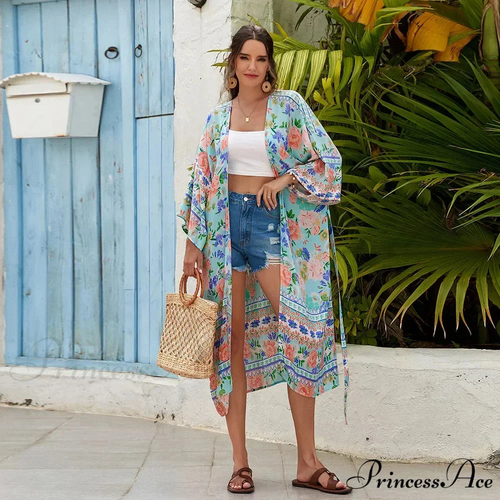 Soft Rayon Floral Patterned Long Sleeve Boho Wrap